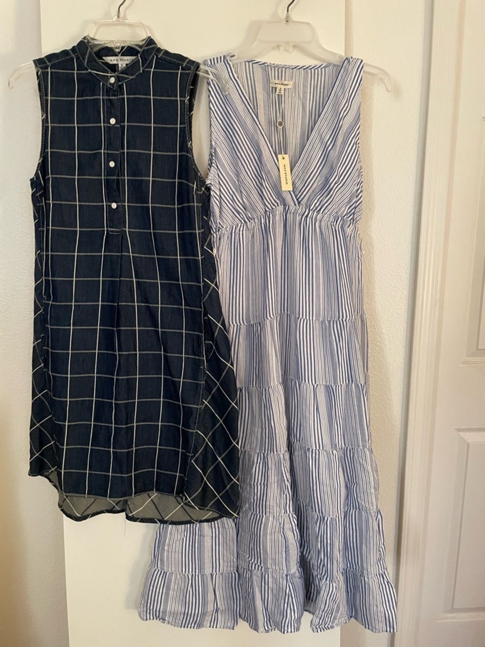Lot of 2 Max Studio All Cotton Dresses Blue/White Midi Sleeveless SMALLS